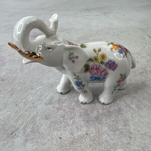 PG Handcrafted In Malaysia Porcelain Elephant‎ Floral & Gold Accents Trunk Up
